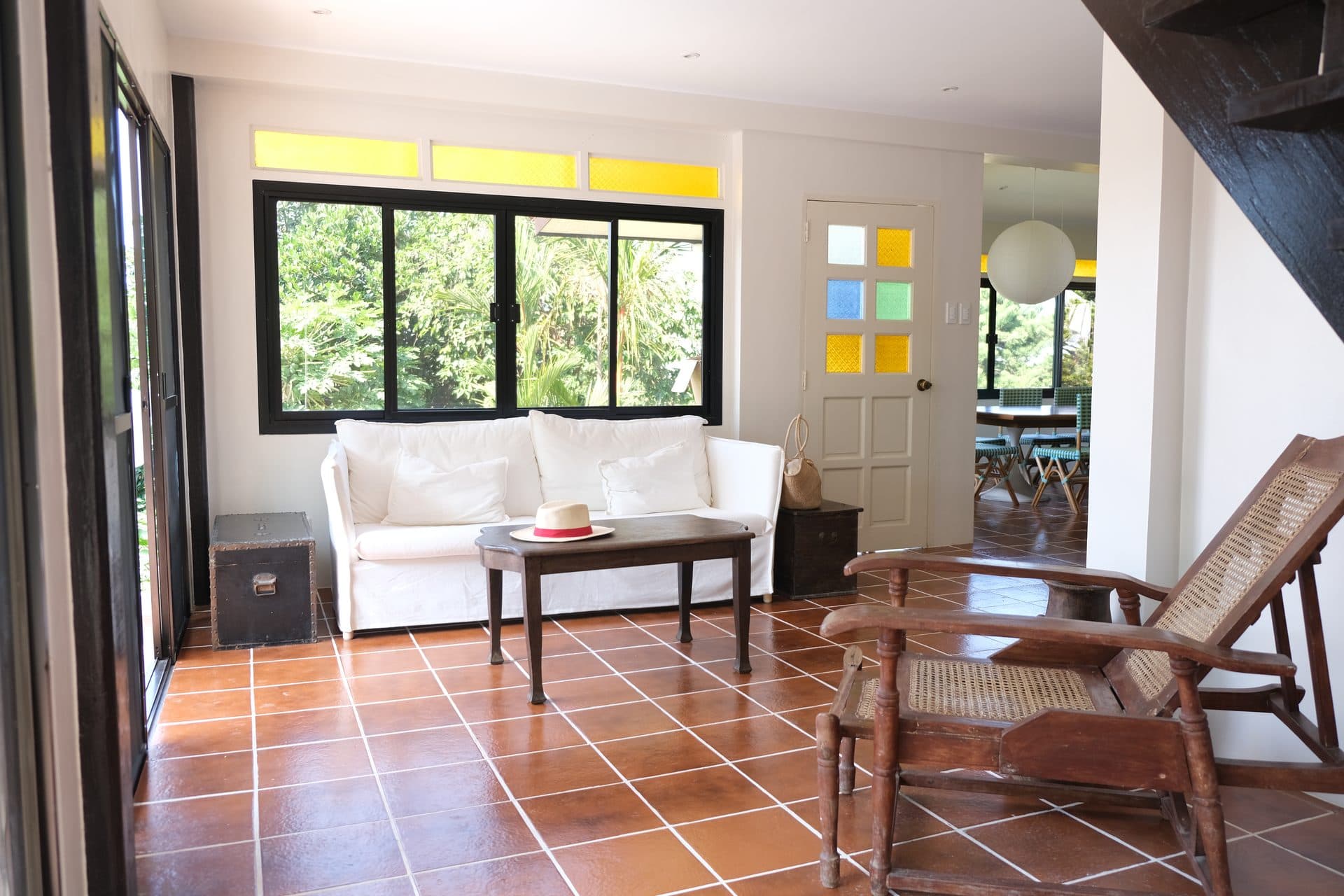 Living area with terracotta tile floors